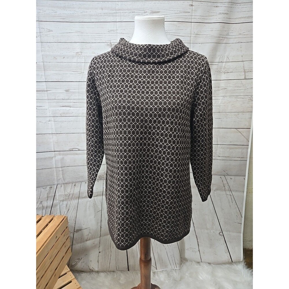 TALBOTS Pure Merino Wool Cowl Neck Sweater Size‎ L 3/4 Sleeves Brown Geometric